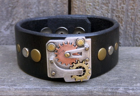 Handmade Leather Wristband with Steampunk Concho-Wristbands-Handmade'n Leather